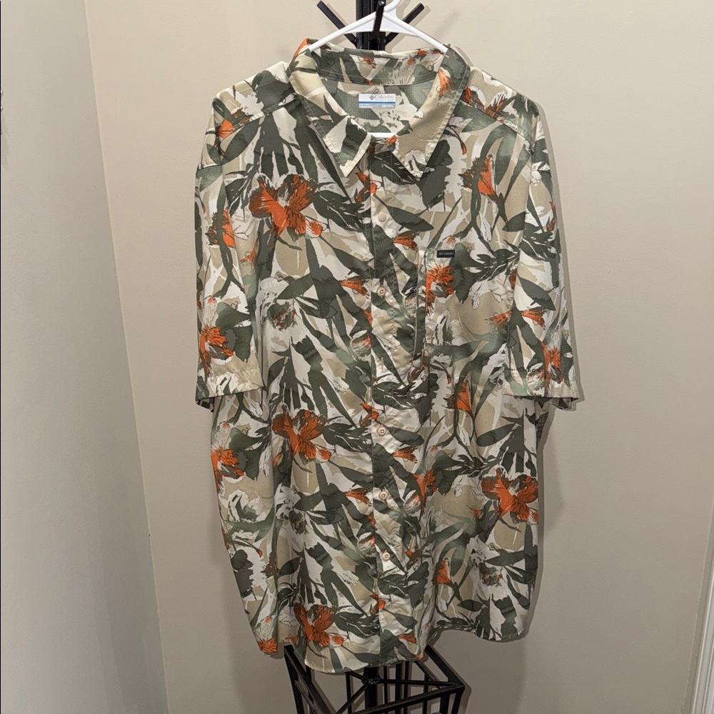 Columbia Floral Short Sleeve Button-Up — Olive, Orange & Cream